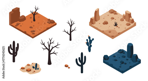 Isometric desert landscape elements with cacti and rocks in earthy tones