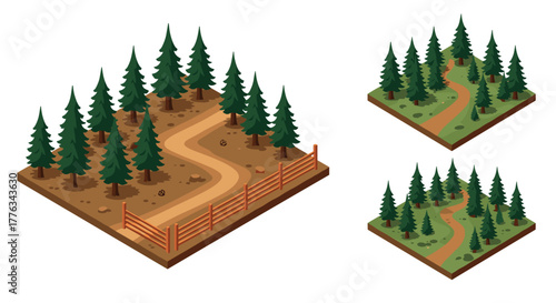 Isometric forest path with evergreen trees and wooden fence variations