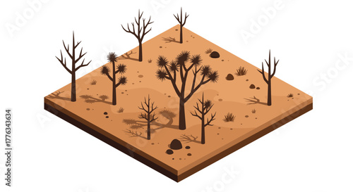 Isometric desert landscape with bare trees and sparse vegetation
