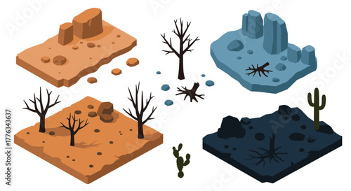 Isometric desert landscapes with cacti and rocks in various colors