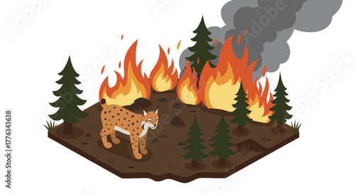 Isometric wildfire scene with lynx and burning forest