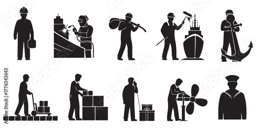 Set and bundle silhouette art vector design silhouette of maritime professions