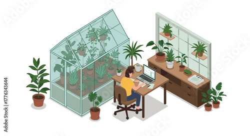 Isometric home office with greenhouse and indoor plants