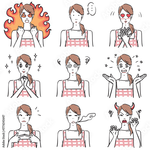 エプロン姿の女性の表情いろいろ　コミカル