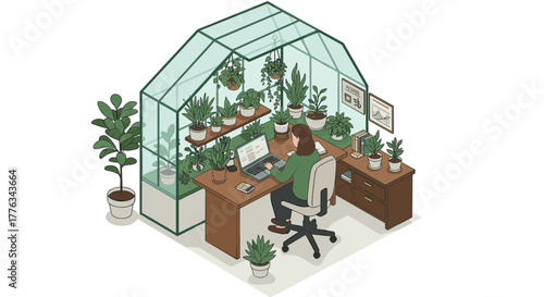 Home office in greenhouse with indoor plants and minimalist design