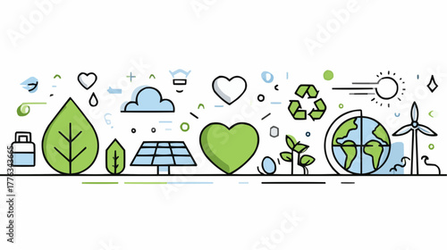 Flat linear vector of eco icons including leaf, heart, earth, wind turbine, and solar panel, symbolizing sustainability, renewable energy, and green lifestyle, clean design for banners and reports