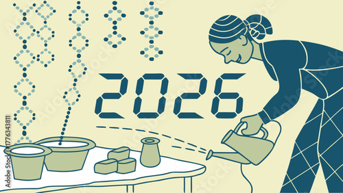 A woman waters plants on a table with the year 2026 displayed prominently in digital font symbolizing growth and future planning