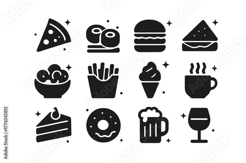 Iconic Food and Drinks. Food and drinks. Solid icons set of Food and drinks: pizza, sushi, burger, sandwich, salad, fries, ice cream, coffee, cake, donut,