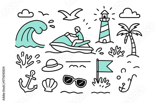 Ocean Adventure Doodle. // Ocean ride. Hand-drawn doodle illustration Ocean ride [jet ski (accented), rolling wave (accented), seagull, lighthouse (accented),