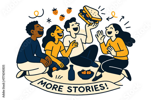 Lively Picnic Laughter. Picnic chuckles. A circle of friends laugh as someone holds up a lopsided sandwich; tiny strawberries bounce like emojis. ?More