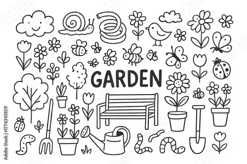 Garden Doodle Illustration. Garden. Hand-drawn doodle illustration Garden flowers, trees, birds, butterflies, bees, ladybugs, snails, worms, garden hoses,