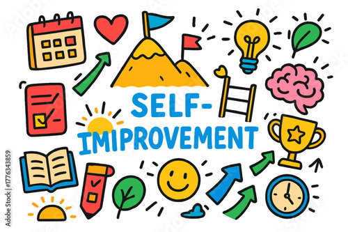 Climbing to Success. Self-Improvement. Colorful Hand-drawn doodle Children illustration Self-Improvement mountain peak, ladder, goal flag, heart, book, brain,