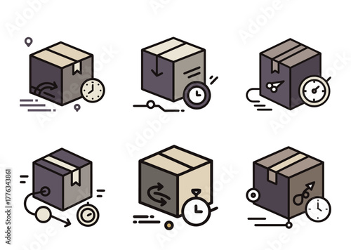 Six Stylized Cardboard Boxes with Delivery Route Indicators and Time Clocks