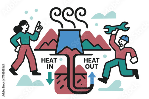 Geothermal Plant Artistry. Geothermal Plant Loop. Steam plumes rise in tidy curls; cutaway pipes dive down and return with a ?Heat In / Heat Out? label.