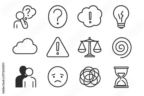 Doubt Iconography Set. Overcoming doubt. Line icon set of overcoming doubt: person thinking, question mark, thought bubble, broken light bulb, cloud,