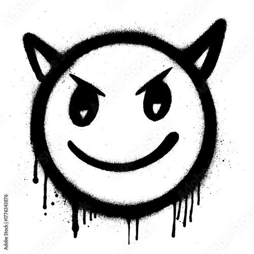 Black stencil graffiti of a devil smiley face with horns, dripping paint style, urban street art.