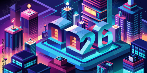 Futuristic neon cityscape with glowing 2026 numbers in isometric perspective at night