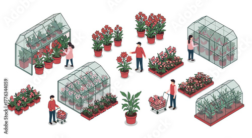 Isometric greenhouse gardening with people and flower pots