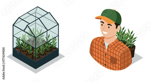 Gardener with greenhouse isometric design of plant care enthusiast and indoor plants