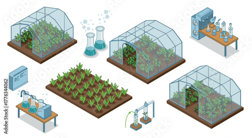 Isometric aquaponics and hydroponics sustainable greenhouse farming and innovative agriculture