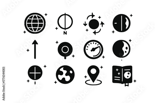 Lunar Navigation Icons. Selenography and lunar navigation. Solid icons set of Selenography and lunar navigation: selenographic grid, longitude line, latitude