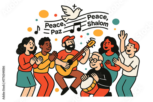 Harmony Through Music. Cultural Exchange & Music. A circle of people clap and sing with guitar and hand drum; lyric lines read ?Peace, Peace? in shared