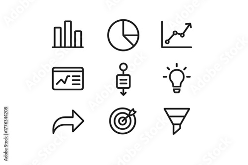 Data Story Icons. Data storytelling in marketing. Line icon set of data storytelling: bar chart, pie chart, line graph, dashboard, infographic, light bulb,