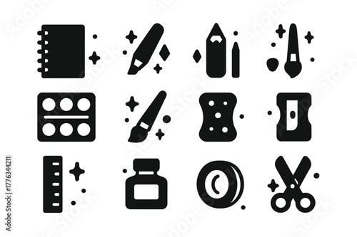Art Supplies Icons. Art Supplies. Solid icons set of Art Supplies: sketchbook, marker, colored pencil, fineliner, watercolor palette, paintbrush, sponge,