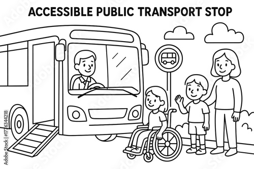 Accessible Transport Coloring. Accessible public transport stop children?s coloring book illustration, outlined drawing, a bus with a fold-out ramp and