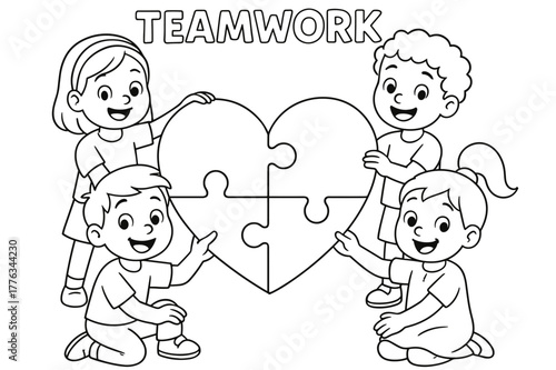 Kids Puzzle Collaboration. Teamwork puzzle children?s coloring book illustration, outlined drawing, cheerful kids each holding one puzzle piece and joining