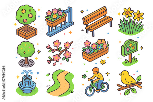 Urban Spring Icon Set. Urban spring blooms. Colorful isometric vector icons set of Urban spring blooms: tree planter box, balcony flower pot, city park bench,