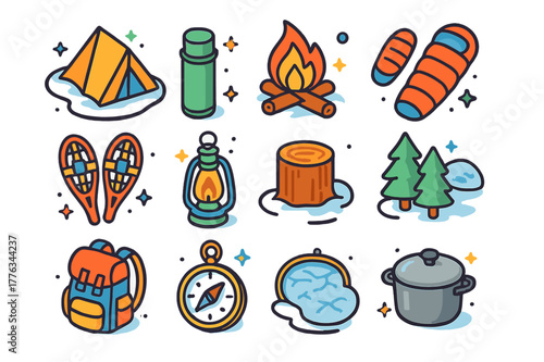 Isometric Winter Camping Icons. Winter camping. Colorful isometric vector icons set of winter camping: tent in snow, thermos, campfire, sleeping bag,