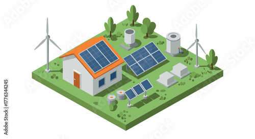 Sustainable energy systems with solar panels and wind turbines in isometric layout