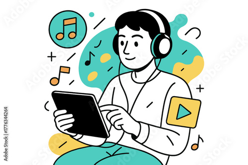 Immersive Media Experience. Media Consumption Habits. Person using headphones and tablet with floating abstract geometric music and video icons, immersive and