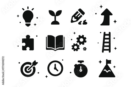 Growth Mindset Icons. Growth Mindset. Solid icons set of Growth Mindset: light bulb, plant sprout, broken pencil, seedling, upward arrow, puzzle piece, book,