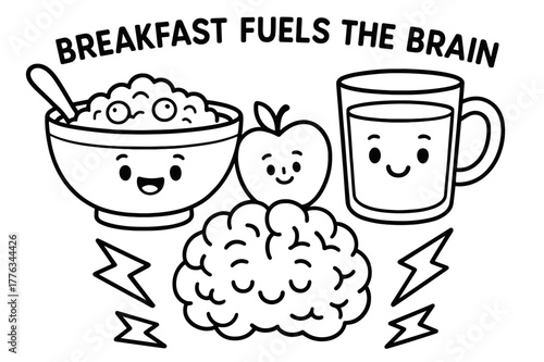 Breakfast Brain Power. Breakfast fuels the brain children?s coloring book illustration, outlined drawing, a cheerful bowl of oatmeal, fruit, and a milk cup