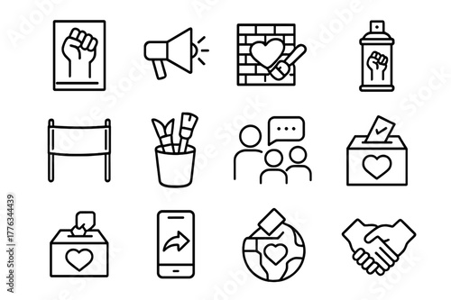 Art Icons for Change. Art as a catalyst for social change. Line icon set of art as a catalyst for social change: raised fist poster, megaphone, mural wall,
