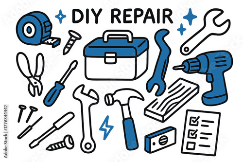 DIY Repair Tools. // DIY repair. Hand-drawn doodle illustration DIY repair [toolbox (accented), tape measure (accented), screw (accented), screwdriver, nails,