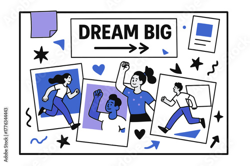 Vision Board Dreamscape. Vision Board. A big collage frame with floating sticky notes and magazine cutouts; bold headline ?DREAM BIG? hovers above arrows