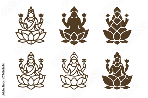 Ancient Deity Emblems. Ancient gods and goddesses in a mystical landscape. Set Logo of Ancient gods and goddesses in a mystical landscape: Lakshmi lotus. Icon
