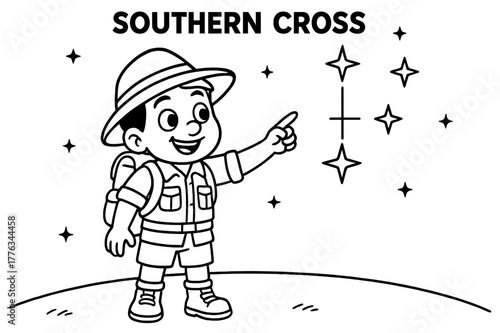 Explorer and Southern Cross. Using the Southern Cross children?s coloring book illustration, outlined drawing, a friendly explorer pointing to the Southern
