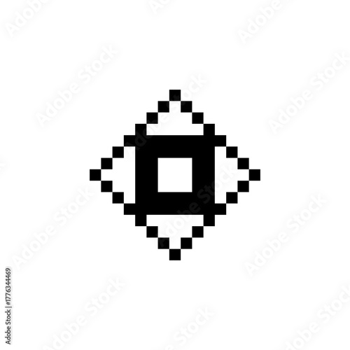 Square inside a diamond frame black and white pixel art icon. Minimal 8-bit geometric design symbolizing button, target, or selector for retro game interface or digital UI element.