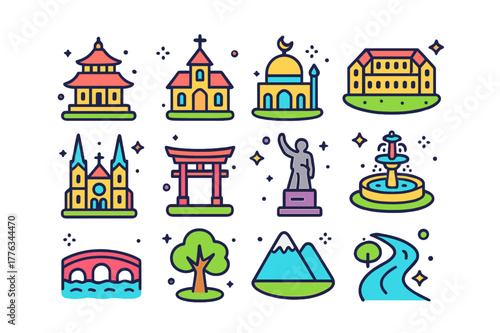 Colorful Pilgrimage Icons. pilgrimage path. Colorful isometric vector icons set of pilgrimage path: temple, church, mosque, monastery, cathedral, shrine,