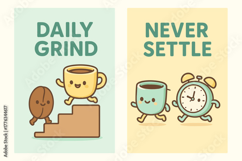 Kawaii Daily Grind. Daily grind. Two vertical A6 banners with safe margins, centered composition, no elements touching edges, kawaii, pastel mint and yellow,