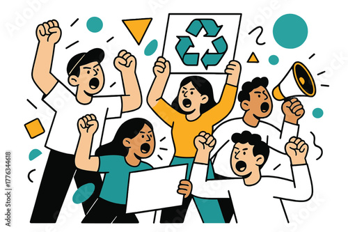 Energetic Activism Scene. Environmental Protests. Crowd chanting slogans with floating abstract geometric shapes and green accents, energetic and social