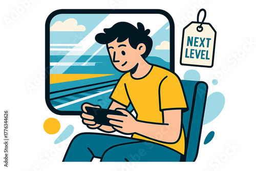 Mobile Gaming Journey. Playing a mobile game on the go ? Cozy train window. Reflections and parallel tracks become abstract stripes as the player focuses. A