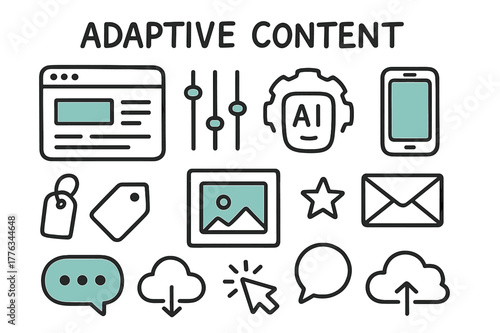 Adaptive Content Icons. // Adaptive content. Hand-drawn doodle illustration Adaptive content [browser window (accented), sliders (accented), gear, AI face,