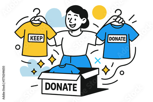 Closet Declutter Delight. Closet Declutter Moment. A smiling person holds two shirts?one marked ?Keep,? one ?Donate.? Light geometric sparkles float around the