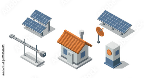 Isometric solar energy equipment set with satellite and electrical components