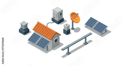 Sustainable energy setup with solar panels and satellite dish isometric representation